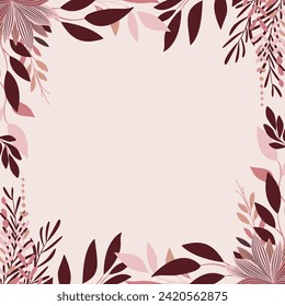 Background with delicate flowers, twigs and leaves in subtle shades of pink with a dark brown accent. Floral frame. Vector pattern for voucher, wishes and wedding invitations.