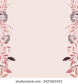 Background with delicate flowers, twigs and leaves in subtle shades of pink with a dark brown accent. Floral frame. Vector pattern for voucher, wishes and wedding invitations.