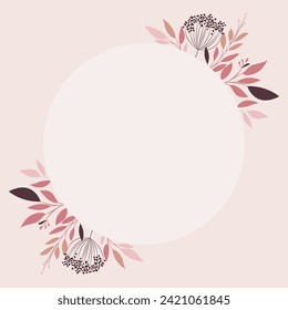 Background with delicate flowers, twigs and leaves in subtle shades of pink with a dark brown accent. Floral frame. Vector pattern for voucher, wishes and wedding invitations.