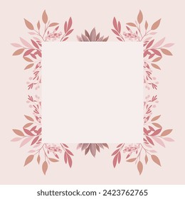 Background with delicate twigs and leaves in subtle shades of pink with a dark brown accent. Floral frame. Vector pattern for voucher, wishes and wedding invitations.