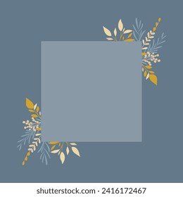 Background with delicate twigs in subtle shades of blue and beige with a yellow accent. Floral frame. Vector pattern for voucher, wishes and wedding invitations.