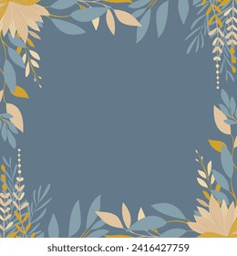 Background with delicate twigs in subtle shades of blue and beige with a yellow accent. Floral frame. Vector pattern for voucher, wishes and wedding invitations.