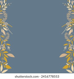 Background with delicate twigs in subtle shades of blue and beige with a yellow accent. Floral frame. Vector pattern for voucher, wishes and wedding invitations.