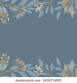 Background with delicate twigs in subtle shades of blue and beige with a yellow accent. Floral frame. Vector pattern for voucher, wishes and wedding invitations.