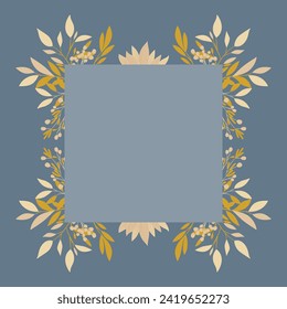 Background with delicate twigs in subtle shades of blue and beige with a yellow accent. Floral frame. Vector pattern for voucher, wishes and wedding invitations.