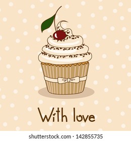 Background with delicious cupcake on a polka dot background