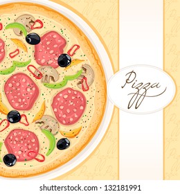 background with delicious pizza with sausage and mushrooms with place for text