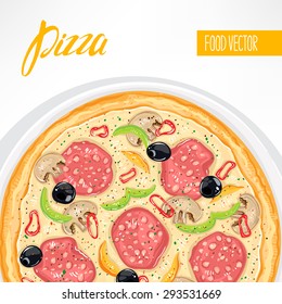 background with delicious pizza with sausage and mushrooms with place for text