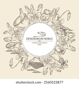Background with dendrobium nobile: leaves, dendrobium nobile flowers and orchid plant. Oil, soap and bath salt . Cosmetics and medical plant. Vector hand drawn illustration