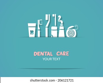 Background with dental care symbols: tooth brush, tooth paste, dental floss