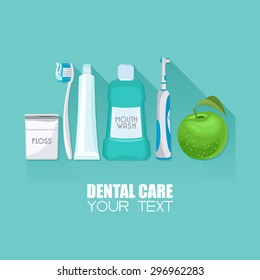 Background With Dental Care Symbols: Tooth Brush, Tooth Paste, Dental Floss, Apple