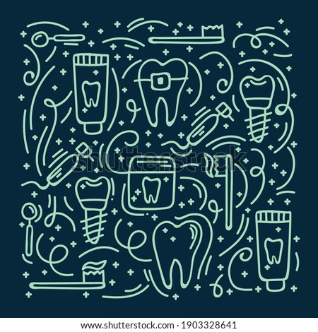 Background with dental cleaning tools. Doodle poster Toothbrush, toothpaste and dental floss, teeth. Hand-drawn pattern in morning hygiene. The concept of oral care. Vector illustration