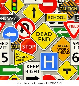 A background depicting various types of road signs. Eps 10 Vector.