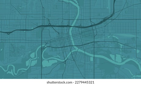 Background Des Moines map, Iowa, green mint city poster. Vector map with roads and water. Widescreen proportion, digital flat design roadmap.