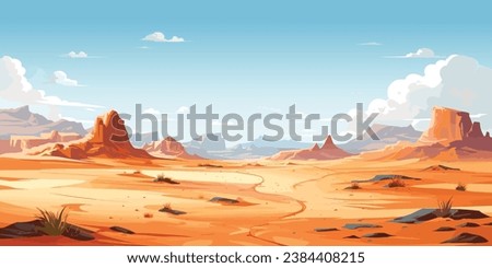 Background of Desert landscape with blue sky, sand, mountain, road, vector illustration