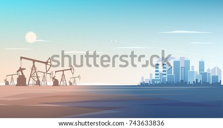Background of the desert landscape with oil pumps and urban cityscape. Industrial Buildings Skyline. Modern City Landscape. Vector Image.