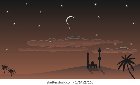 the background of the desert at night with the addition of a mosque in the middle of the desert