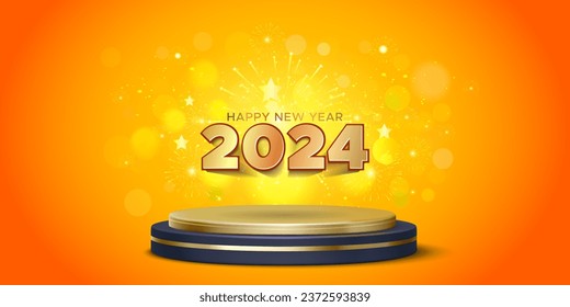 Background design for 2024 Happy new year. Golden Podium with Fireworks, lights and sparkle, banner poster.