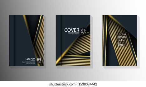 Background design of abstract dark and golden geometry line flyer. Cover book vector gradient template