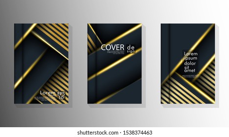 Background design of abstract dark and golden geometry line flyer. Cover book vector gradient template
