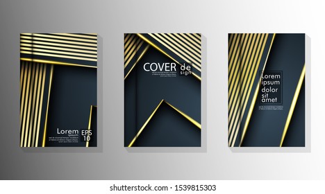 Background design of abstract dark and golden geometry line flyer. Cover book vector gradient template