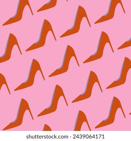 Background design for an advertising poster or banner or as a separate illustration. Fashionable women's stiletto pumps in carrot red color on a pink background. Made in pattern style