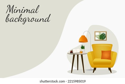 Background design with an armchair, coffee table, floor lamp and books. Vector illustration. 