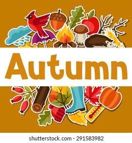 Background design with autumn sticker icons and objects.