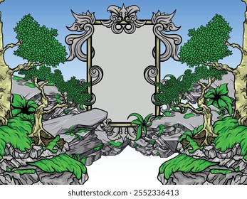 Background design of a beautiful rocky view at high altitude with an ornamental frame as the center object, full vector, eps 10, editable. 