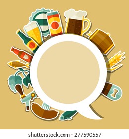 Background design with beer sticker icons and objects.