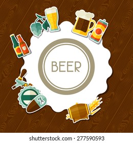 Background design with beer sticker icons and objects.