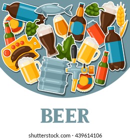 Background design with beer stickers and objects.