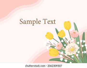 Background design with bouquet of spring flowers. Yellow tulips, pink and white flowers on pastel pink background.