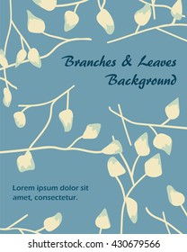 Background design with branches and leaves in aqua blue and pale yellow.