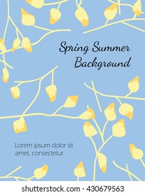 Background design with branches and leaves in bright blue and yellow.
