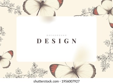 Background design, butterflies and line art plant