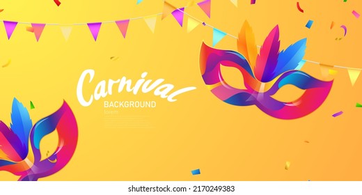 Background design for carnival fun traditional mask with feathers and confetti for carnival, mardi gras, festival, masquerade vector illustration.