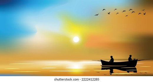 background design of catching fish on a boat, in the middle of a calm sea for refreshing the mind and recreation. vector