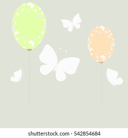 Background for design of children's holiday. Balloons and butterflies. Decoration Easter.