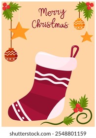 Background design for Christmas greeting card with Christmas stocking illustration and star ornament