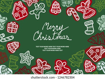 Background design for Christmas in simple flat flat hand drawn graphic. Ginger breads and Christmas decoration random on green background with space for text.