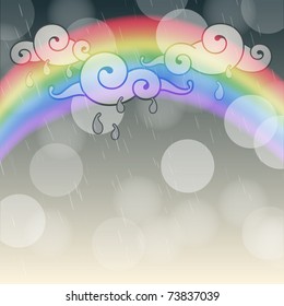 Background for design with clouds, a rain and a rainbow