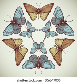 background design with colorful sketched butterflies