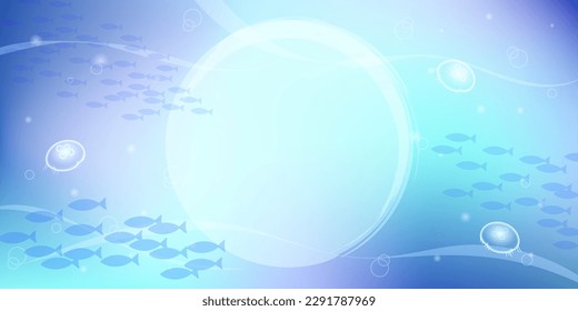 A background design in the cool ocean where shoals of fish and jellyfish swim. And round text space. Vector illustration.