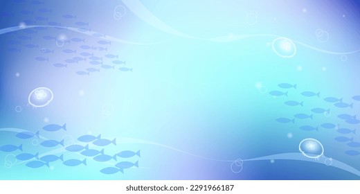 A background design in the cool ocean where shoals of fish and jellyfish swim. Vector illustration.