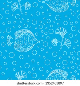 background for the design and decoration of fabrics, wallpapers, home textiles, packaging and surfaces. Seamless vector pattern on the marine theme