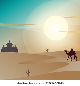 diseño de fondo en el desierto con silueta de camello viajando como saludo 