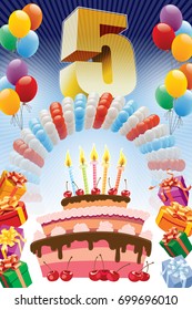 Background with design elements and the birthday cake. The poster or invitation for fifth birthday or anniversary.