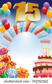 Background with design elements and the birthday cake. The poster or invitation for fifteenth birthday or anniversary.