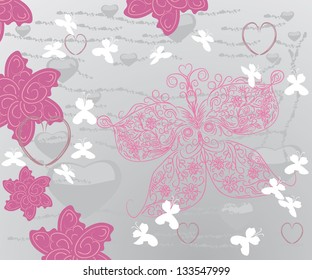 background with design elements: butterflies, flowers and hearts